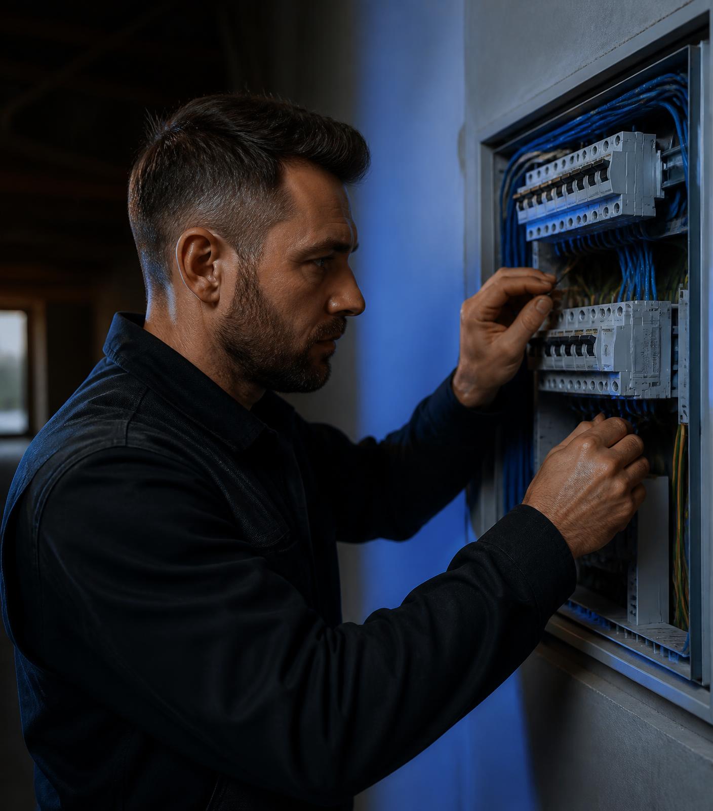 Elektrikář zapojuje moderní rozvaděč na stavbě