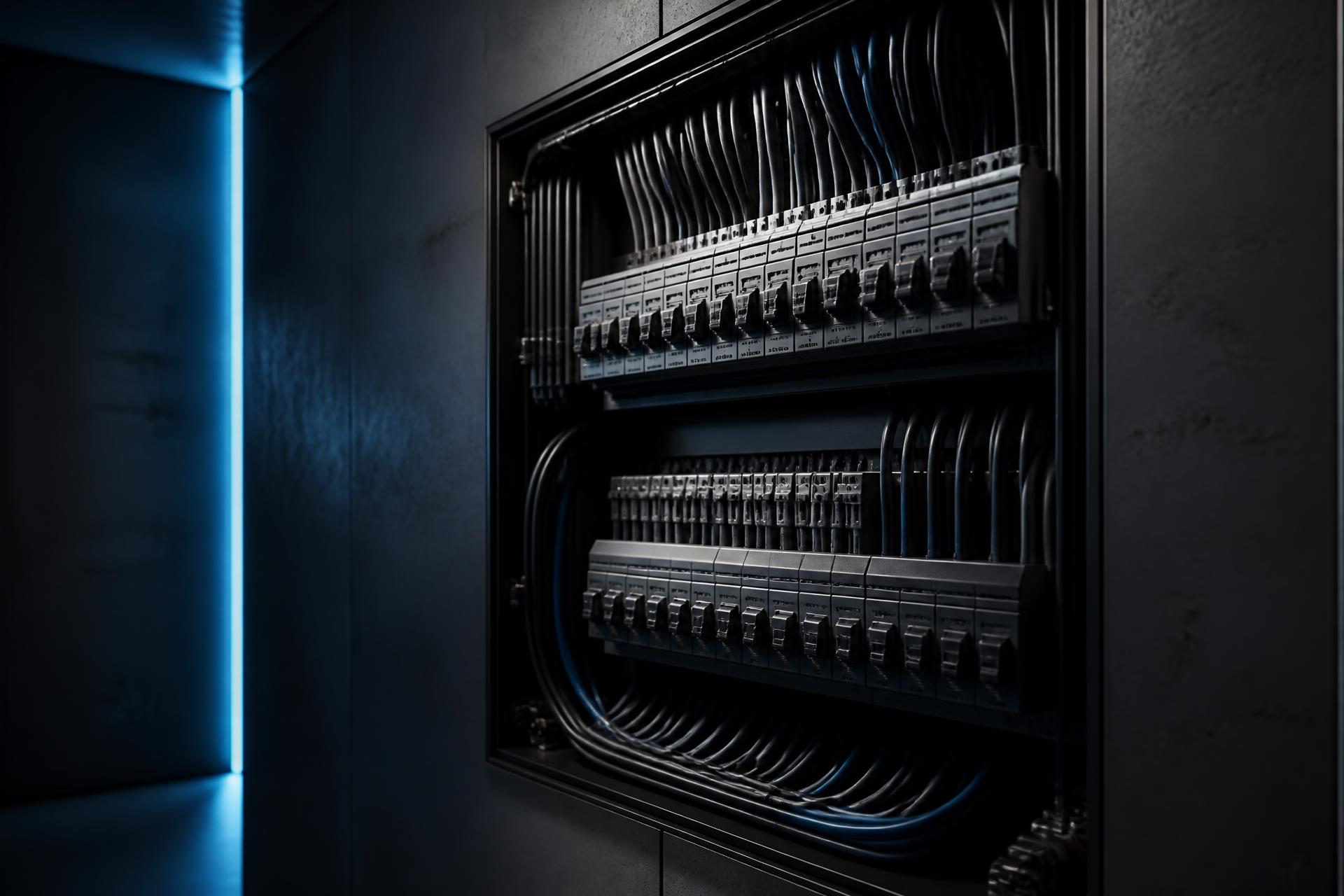 Profesionálně provedený elektrický rozvaděč v moderní technické místnosti